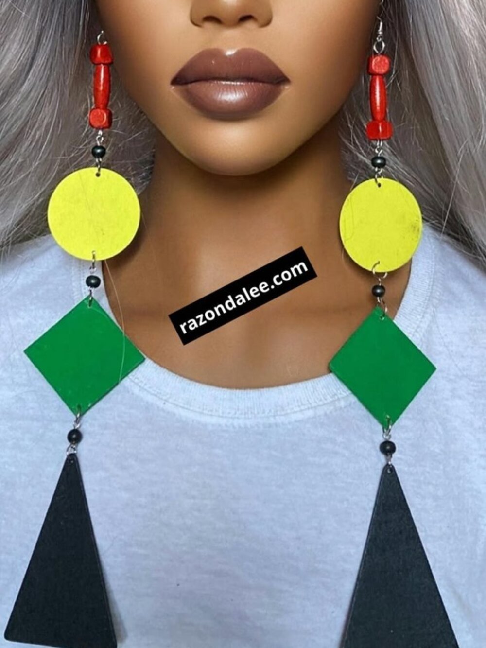 Elongated Dangle Earrings Wooden Mixed Shapes Rasta Colors by Razonda Lee